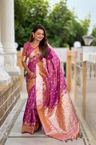Onion faux banarasi silk blend meenakari woven saree