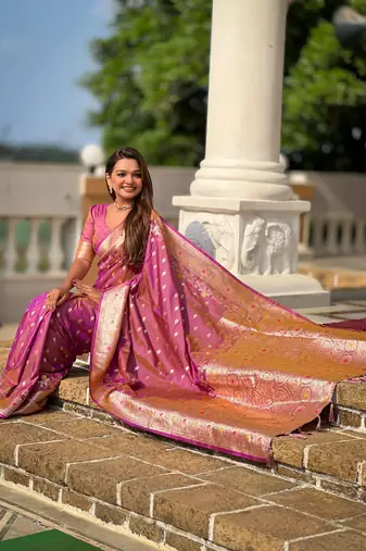 Onion faux banarasi silk blend meenakari woven saree
