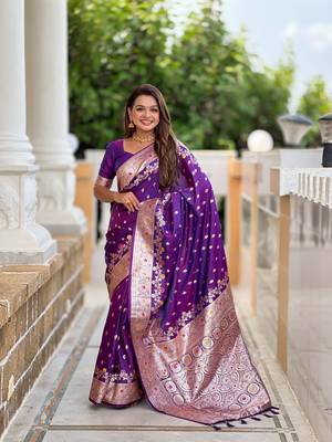 Purple faux banarasi silk blend meenakari woven saree 1