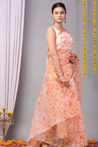 Peach   bagru block print and natural dyes saree with blouse piece