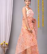 Peach   bagru block print and natural dyes saree with blouse piece