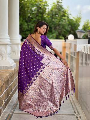 Purple faux banarasi silk blend meenakari woven saree 2