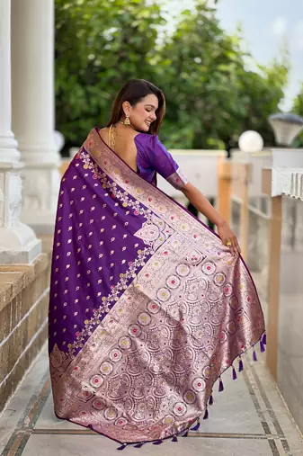 Purple faux banarasi silk blend meenakari woven saree