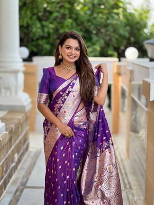 Purple faux banarasi silk blend meenakari woven saree 3