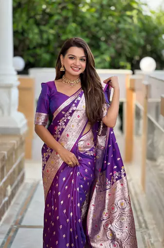 Purple faux banarasi silk blend meenakari woven saree
