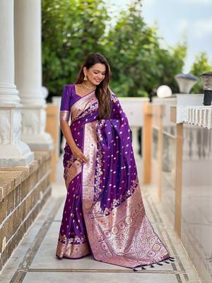 Purple faux banarasi silk blend meenakari woven saree 4