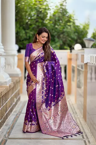 Purple faux banarasi silk blend meenakari woven saree