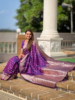 Purple faux banarasi silk blend meenakari woven saree 5