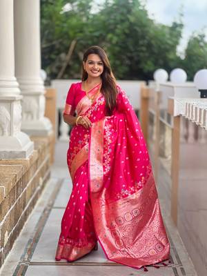 Pink faux banarasi silk blend meenakari woven saree 1