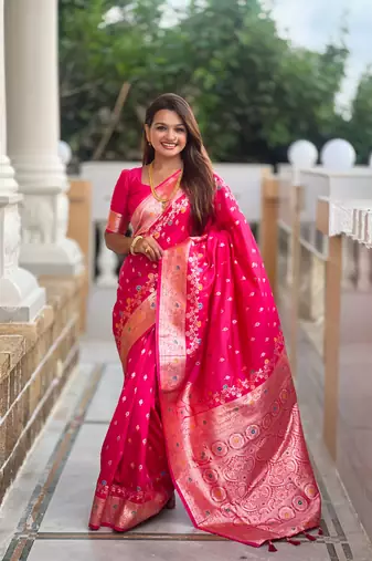 Pink banarasi silk blend meenakari woven saree