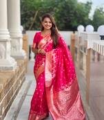 Pink banarasi silk blend meenakari woven saree