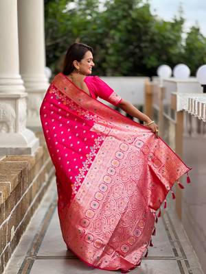Pink faux banarasi silk blend meenakari woven saree 2
