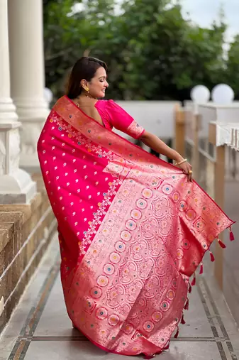 Pink faux banarasi silk blend meenakari woven saree