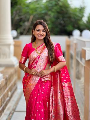 Pink faux banarasi silk blend meenakari woven saree 3