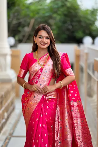 Pink faux banarasi silk blend meenakari woven saree