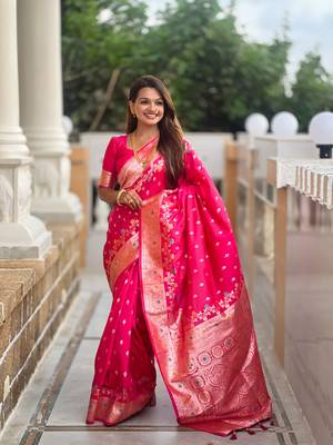 Pink faux banarasi silk blend meenakari woven saree 4
