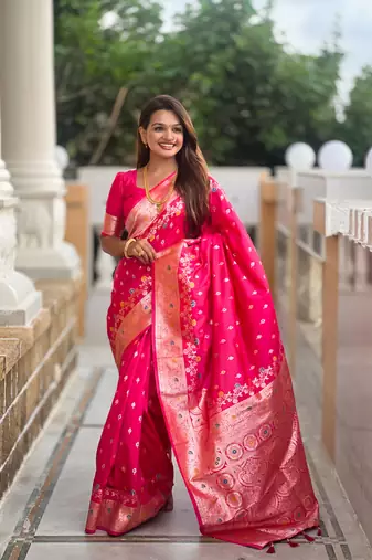 Pink faux banarasi silk blend meenakari woven saree