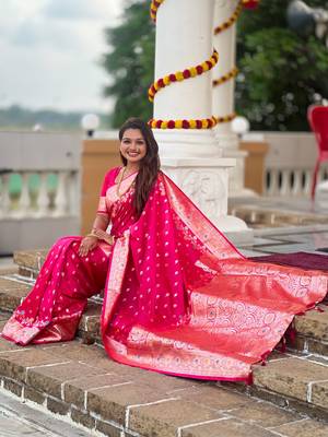 Pink faux banarasi silk blend meenakari woven saree 5