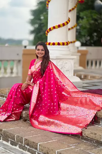 Pink faux banarasi silk blend meenakari woven saree
