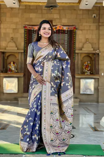 Grey banarasi silk blend jacquard woven saree