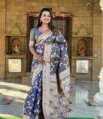 Grey banarasi silk blend jacquard woven saree