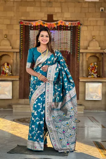 Teal blue banarasi silk blend jacquard woven saree