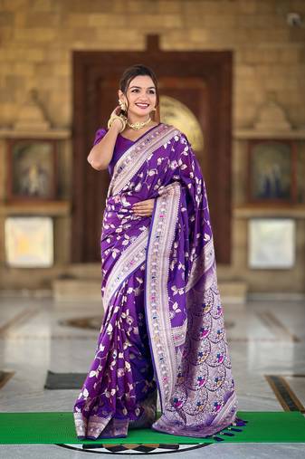 Purple banarasi silk blend jacquard woven saree