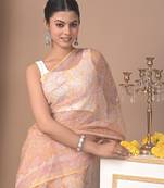 Peach  bagru block print natural dyes saree with blouse piece