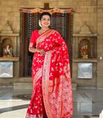 Red banarasi silk blend jacquard woven saree
