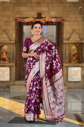 Wine banarasi silk blend jacquard woven saree