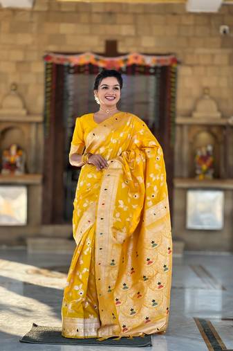 Yellow banarasi silk blend jacquard woven saree