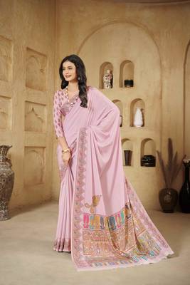 Baby pink digital foil printed crepe silk blend saree 1