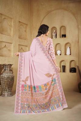 Baby pink digital foil printed crepe silk blend saree 2