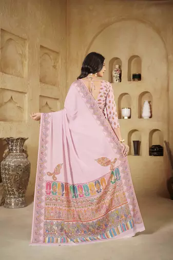Baby pink digital foil printed crepe silk blend saree