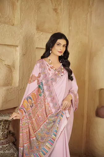 Baby pink digital foil printed crepe silk blend saree