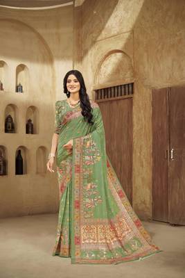 Grass green digital foil printed crepe silk blend saree 1