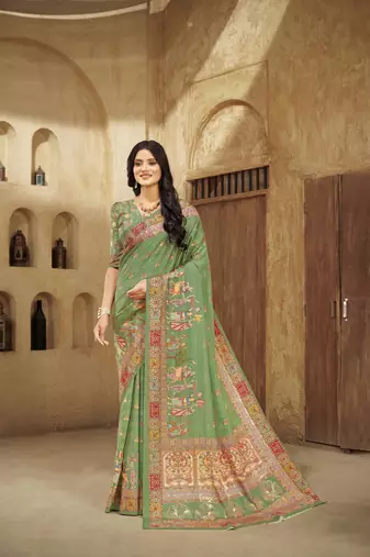 Grass green digital foil printed crepe silk blend saree