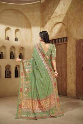 Grass green digital foil printed crepe silk blend saree 2