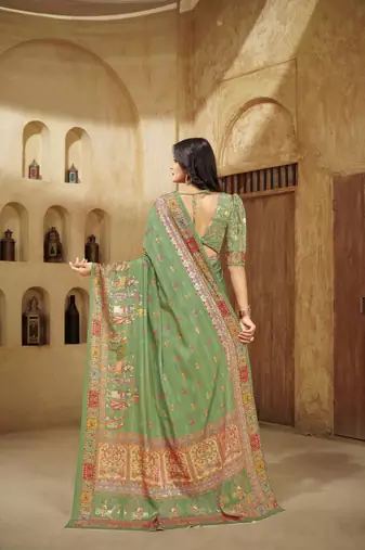 Grass green digital foil printed crepe silk blend saree