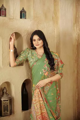 Grass green digital foil printed crepe silk blend saree