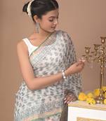 Grey   bagru block print natural dyes saree with blouse piece