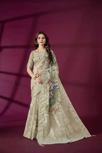 Grey silk blend printed jacquard saree