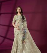 Grey silk blend printed jacquard saree