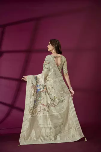 Grey silk blend printed jacquard saree