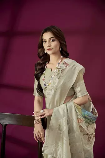 Grey silk blend printed jacquard saree