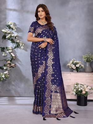 Blue faux banarasi silk blend jacquard weaving saree 1