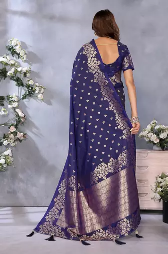 Blue faux banarasi silk blend jacquard weaving saree