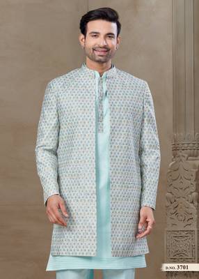 Sky blue fancy silk kurta pyjama with jacquard silk modi jacket indo western for mens wear 1