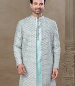 Sky blue fancy silk kurta pyjama with jacquard silk modi jacket indo western for mens wear