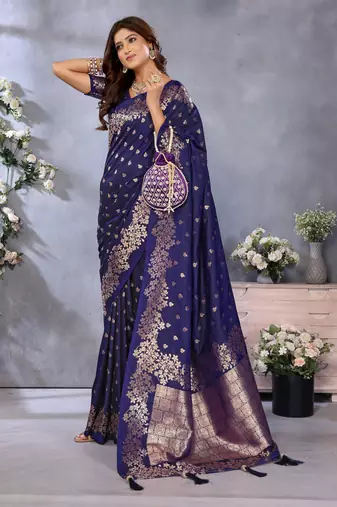 Blue faux banarasi silk blend jacquard weaving saree